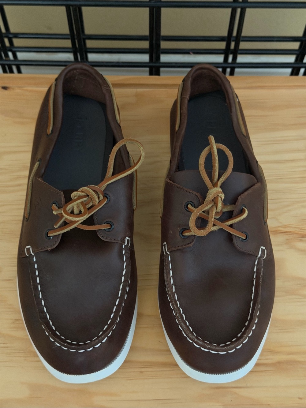 Sperry Brown Leather Top Sider Boat Shoes with White Sole and Tan Laces